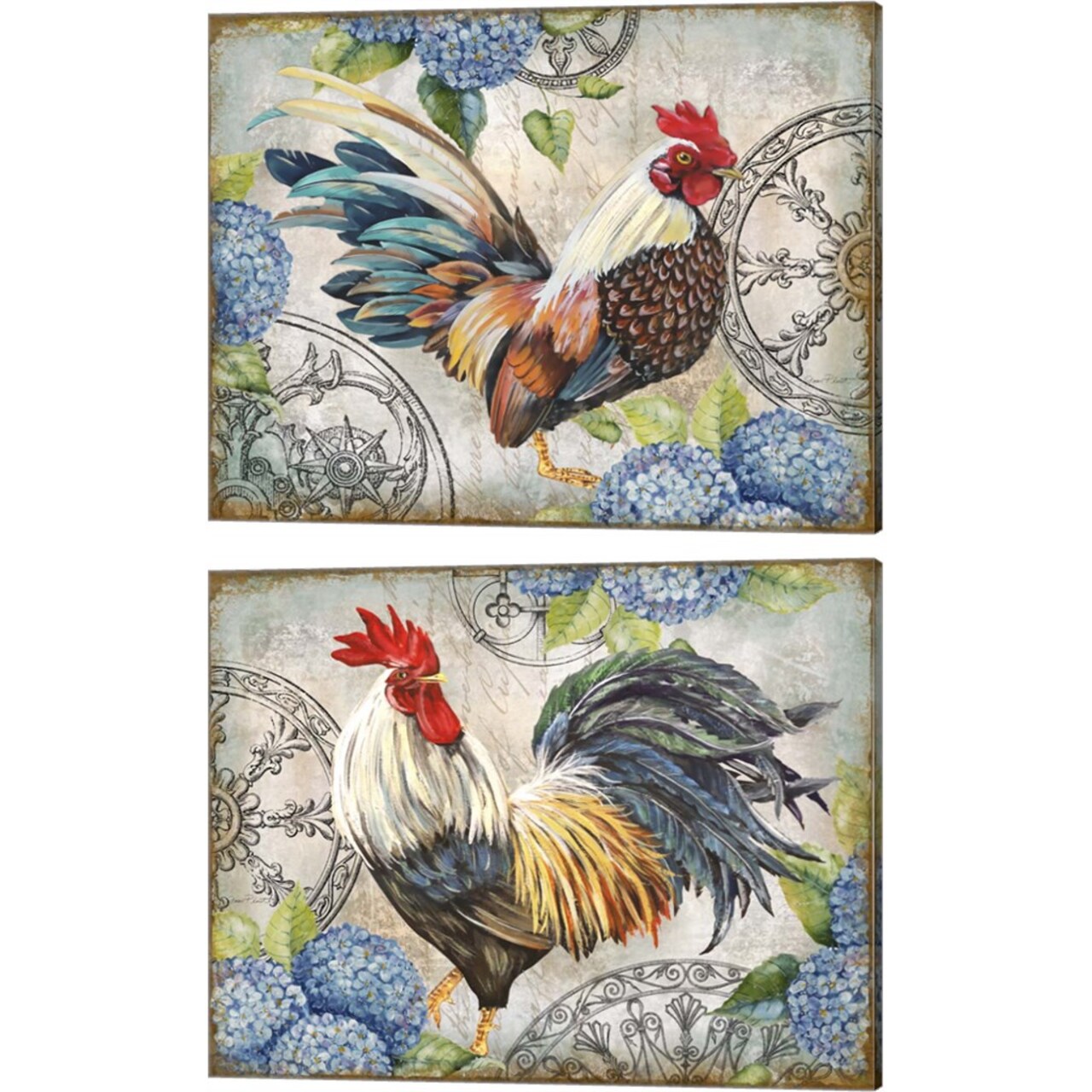 Ironwork Rooster 1 by Jean Plout 15" x 12" Canvas Wall Art (Set of 2)